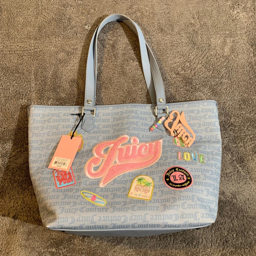 Juicy Couture Run The World Tote Bag Dusty Blue Logo Patch 11JCDX5MX-GSD NEW